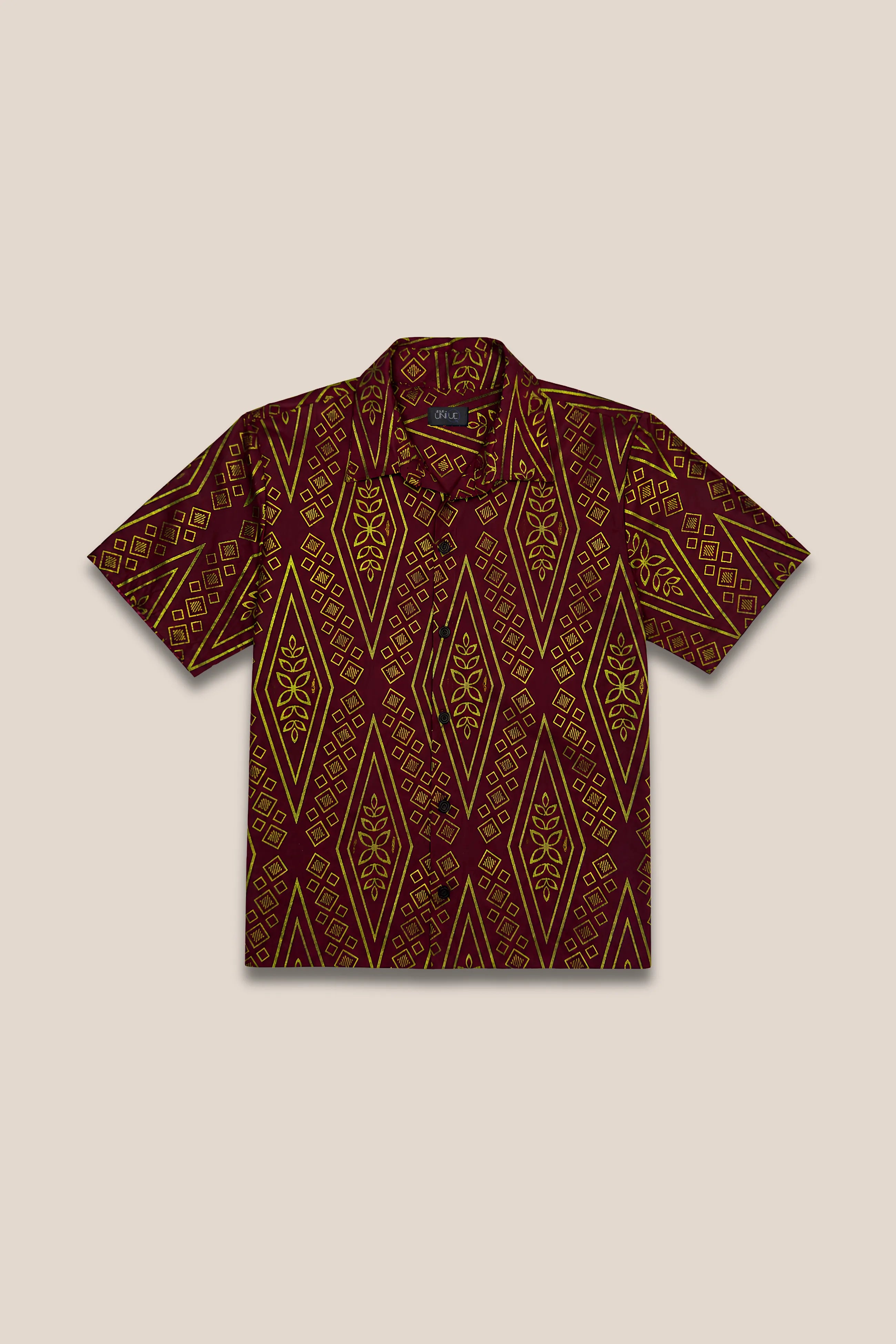 Chemise manches courtes boutonnée imprimé bordeaux et or face