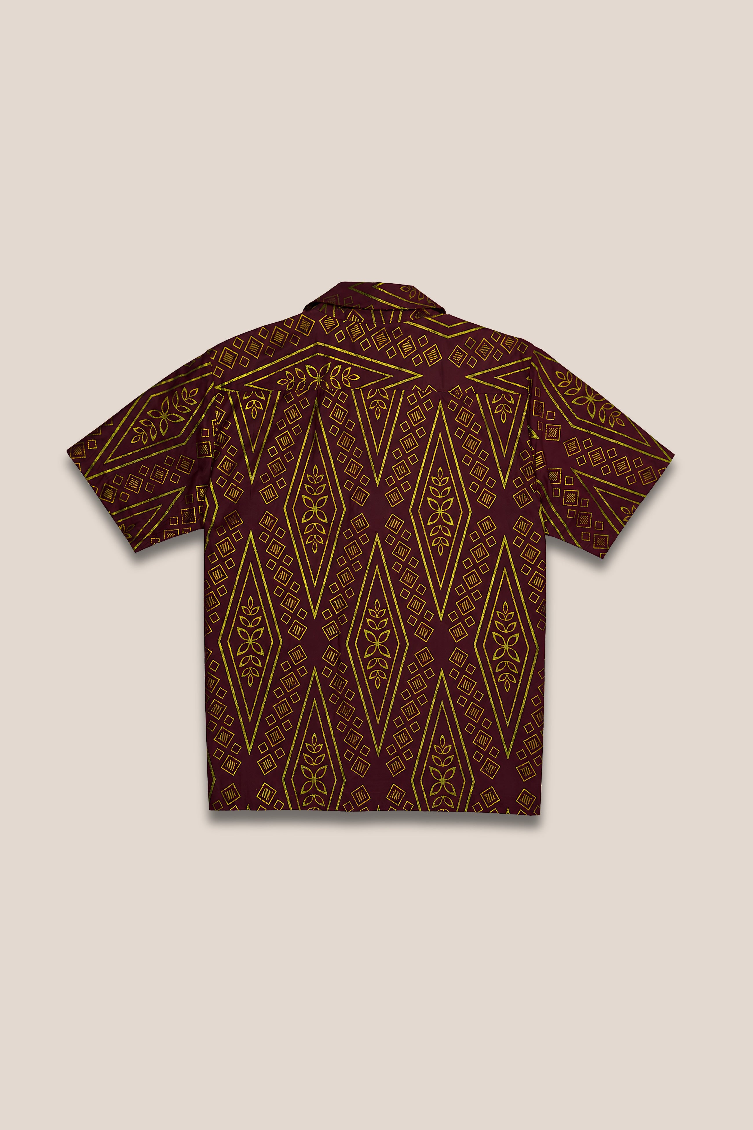 Chemise manches courtes boutonnée imprimé bordeaux et or dos