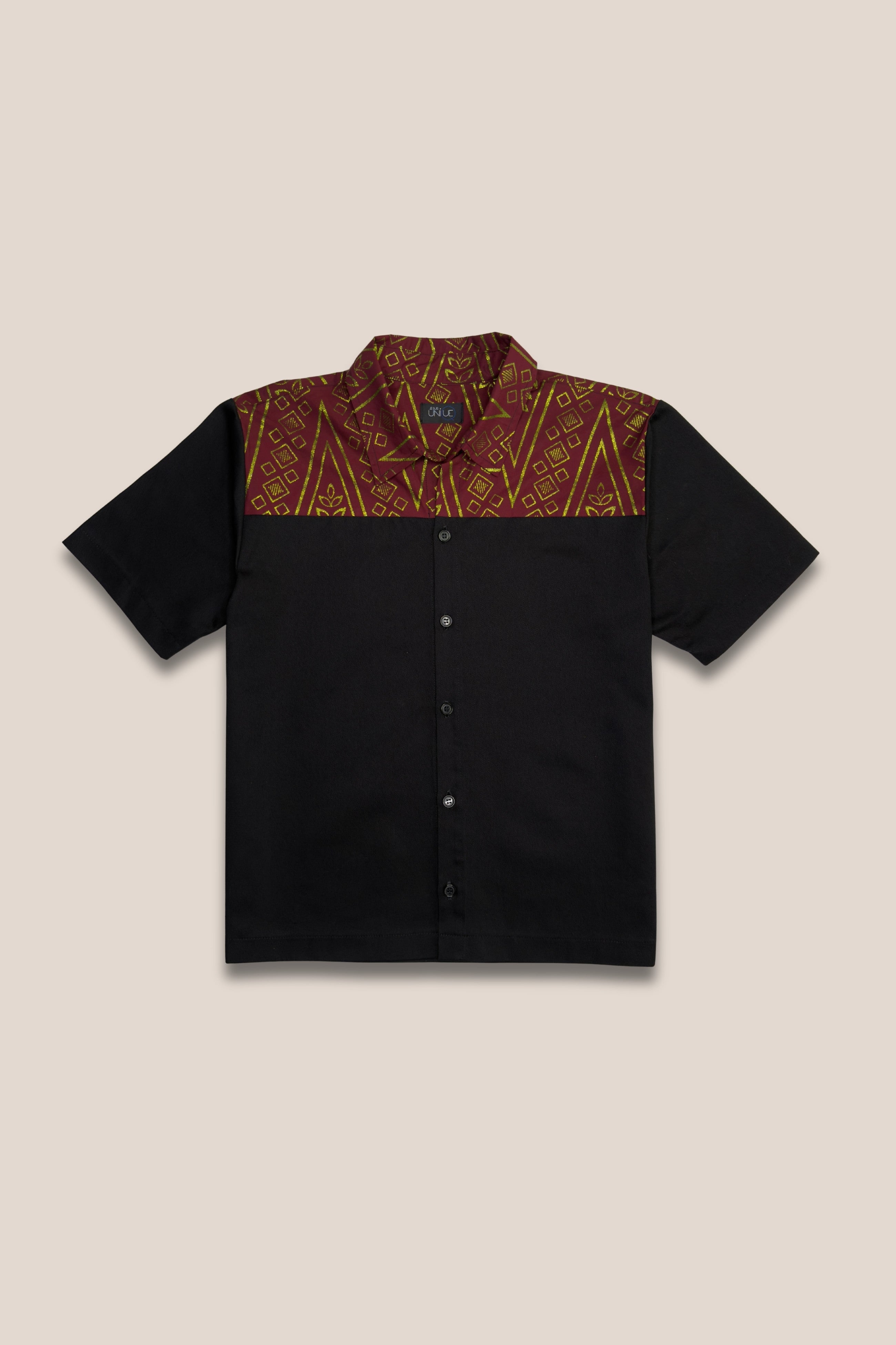 Chemise manches courtes bicolore bordeaux et or - face