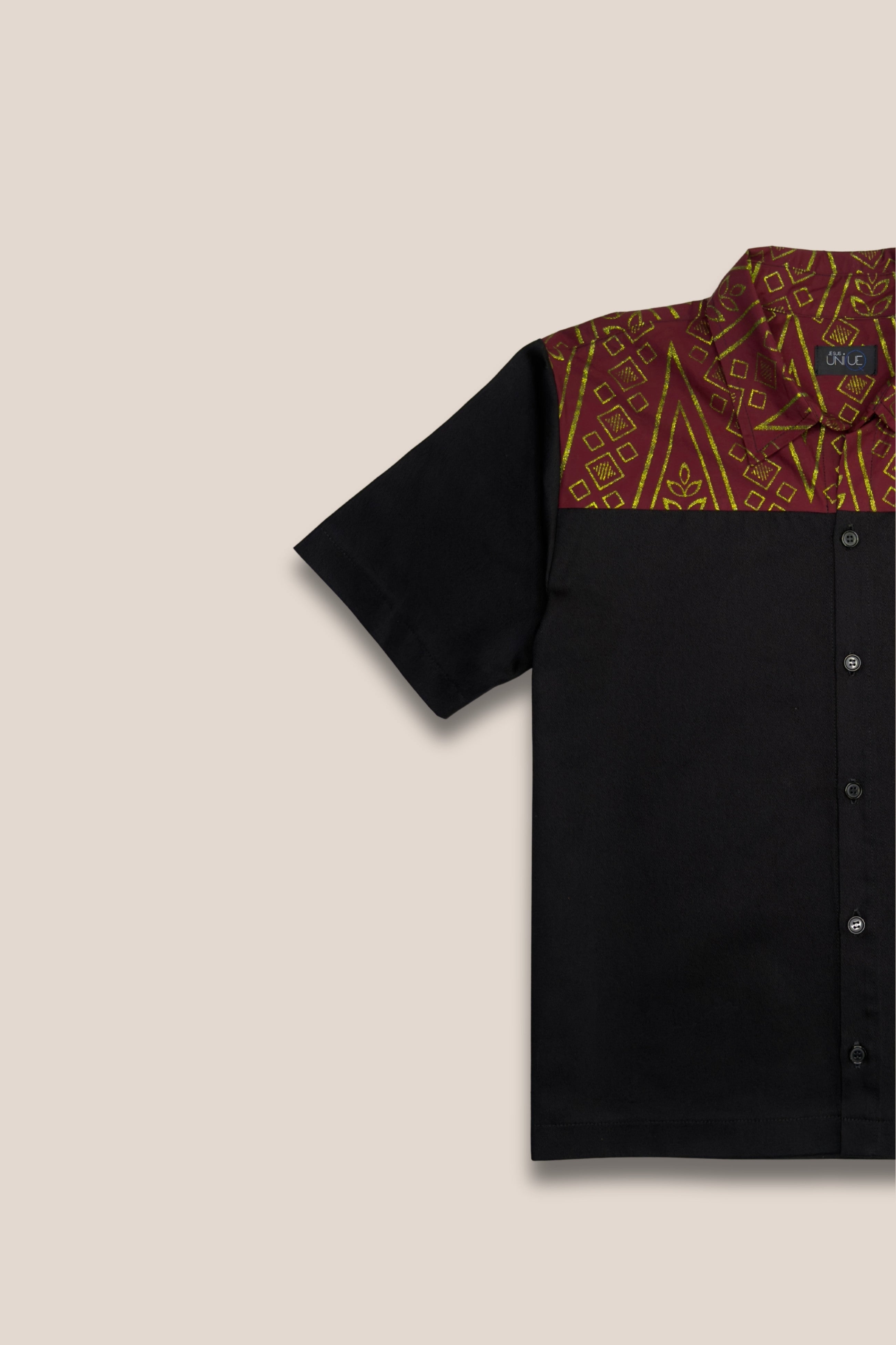 Chemise manches courtes bicolore bordeaux et or - zoom motif