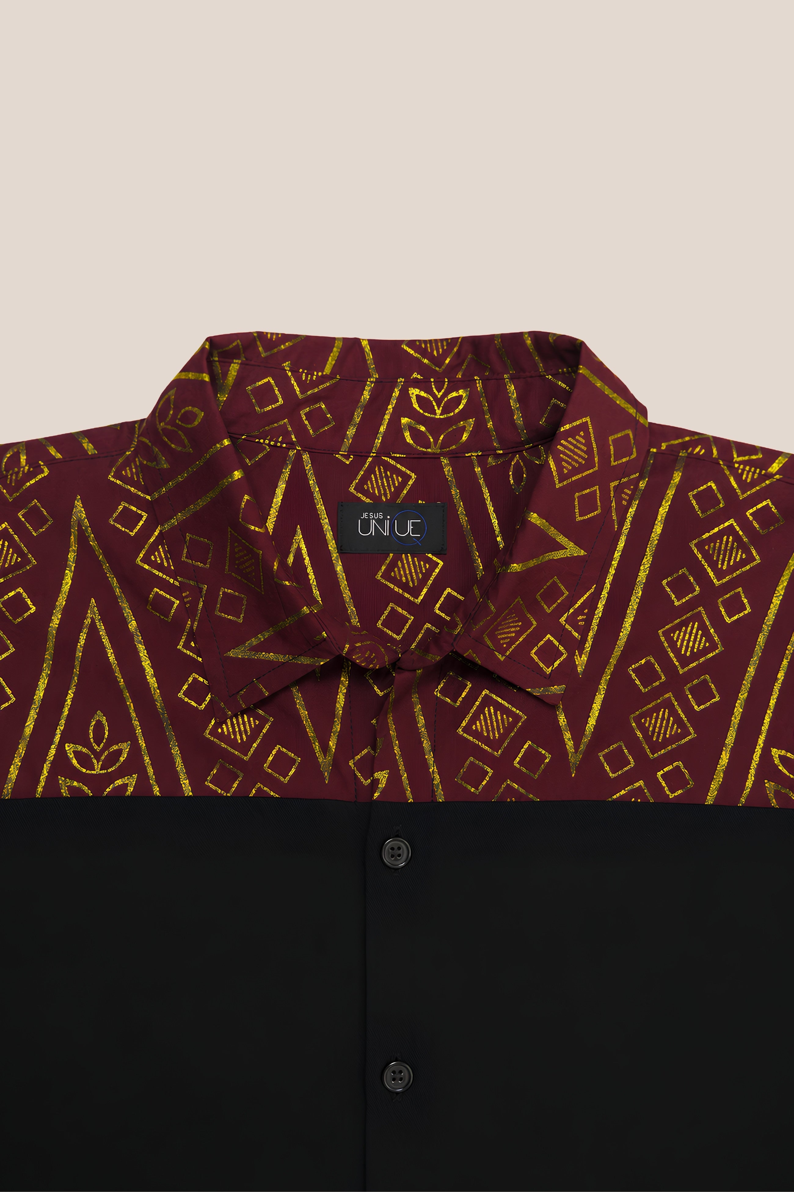 Chemise manches courtes bicolore bordeaux et or - détail col