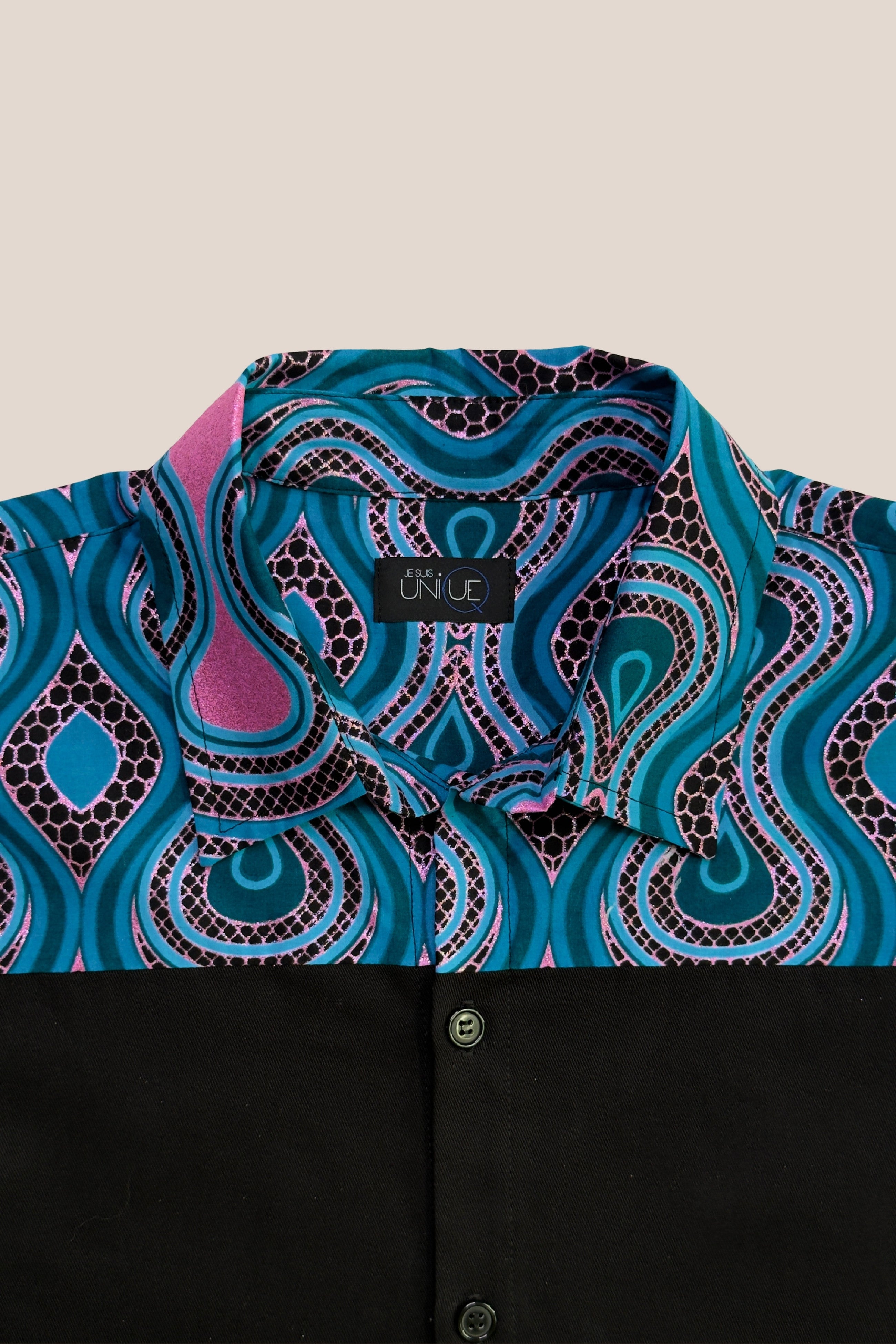 Chemise manches courtes bleu bicolore - détail col