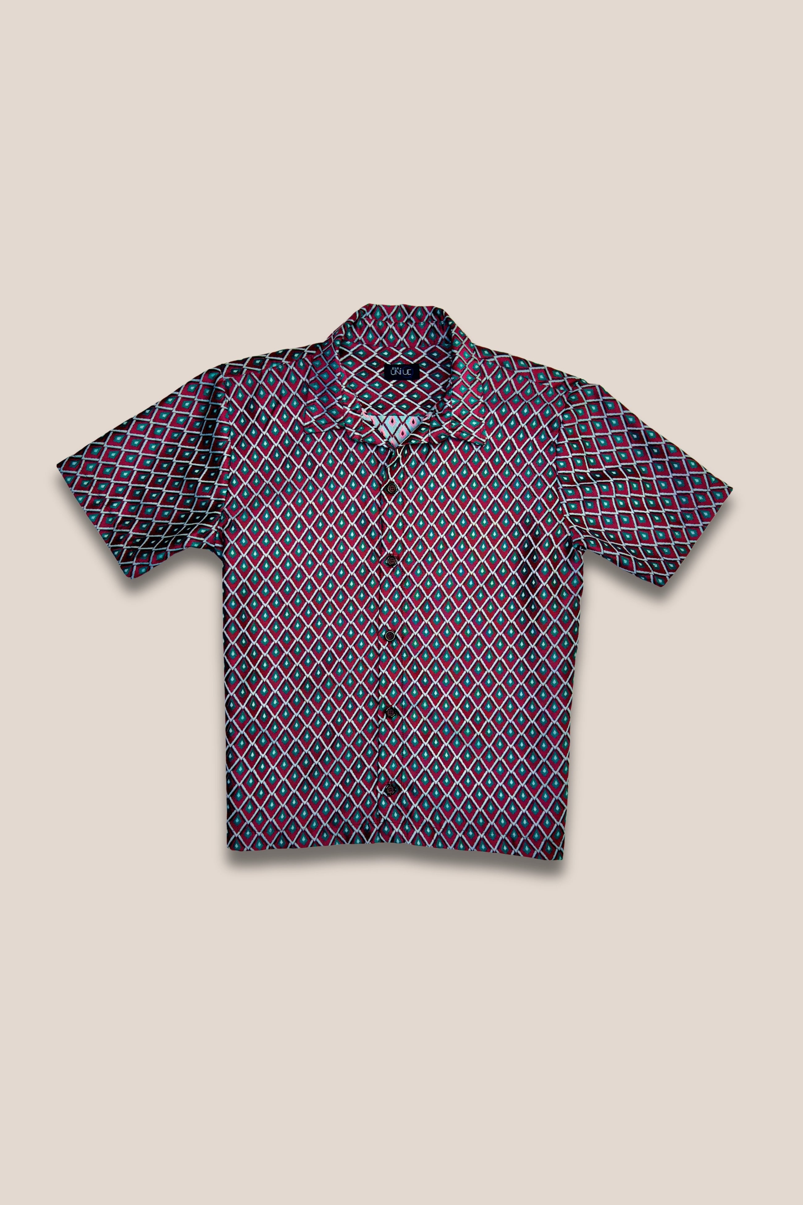 Chemise manches courtes jacquard bordeaux vert- face