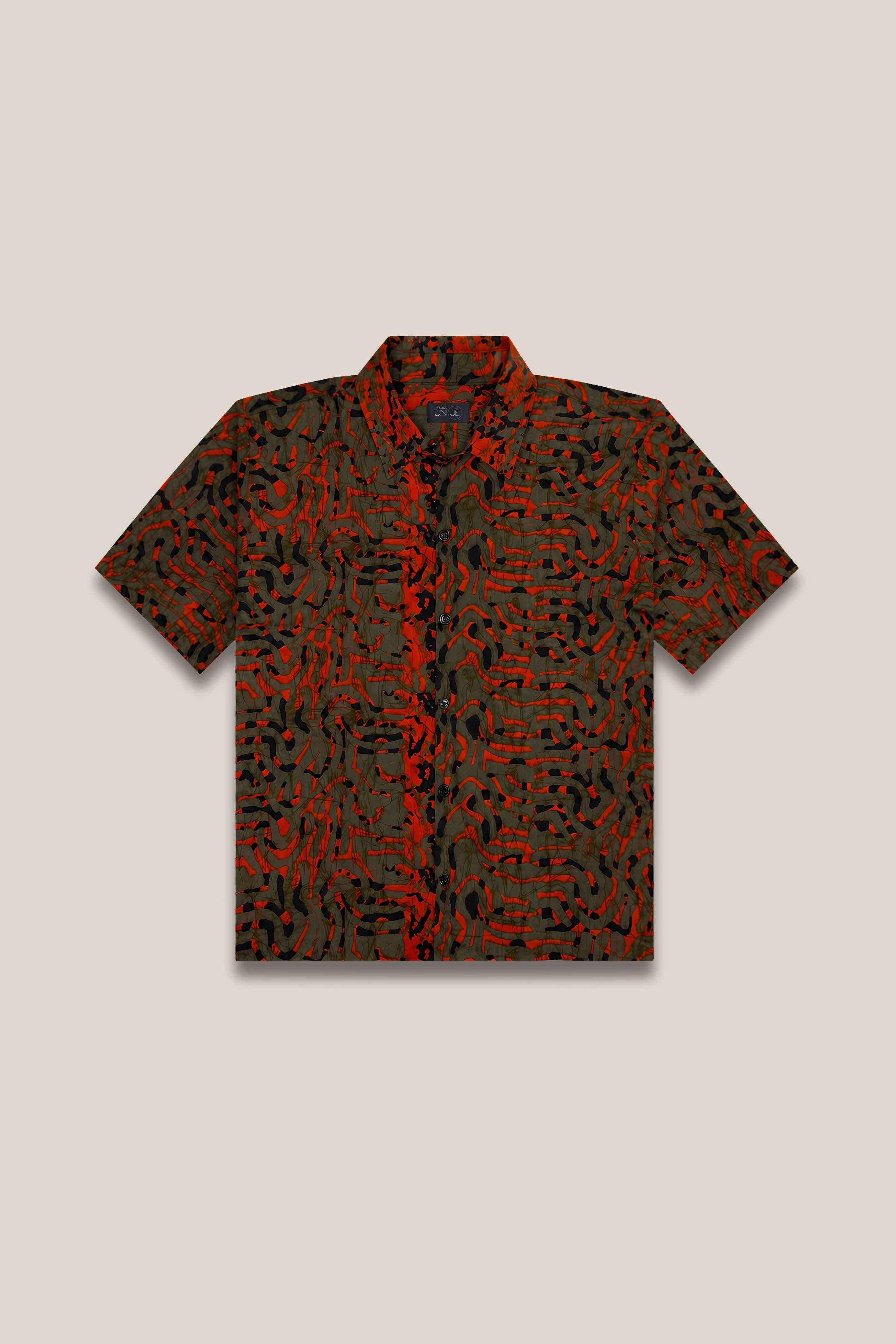Chemise manches courtes kaki et orange - face