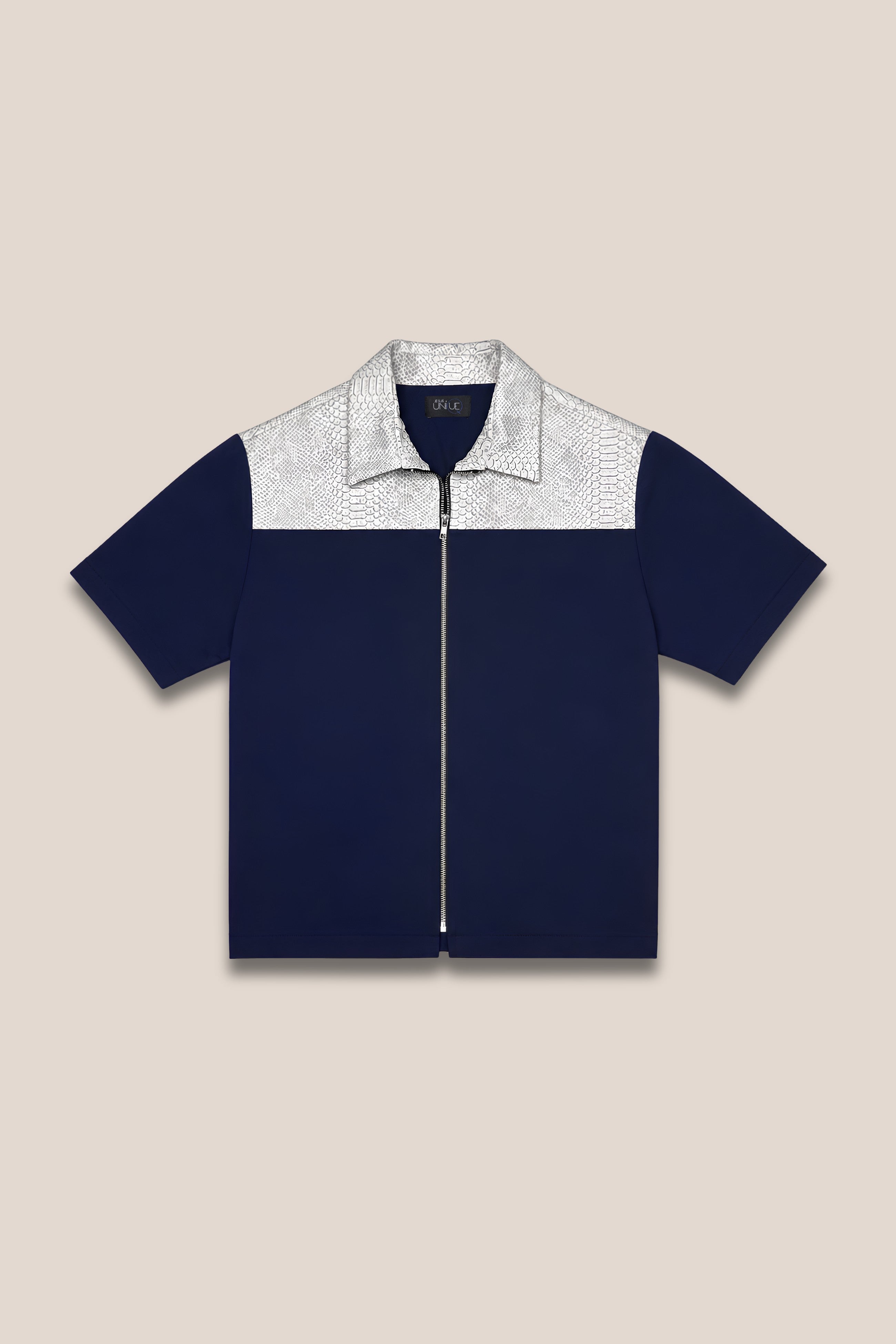 Chemise zippée manches courtes bicolore blanc python