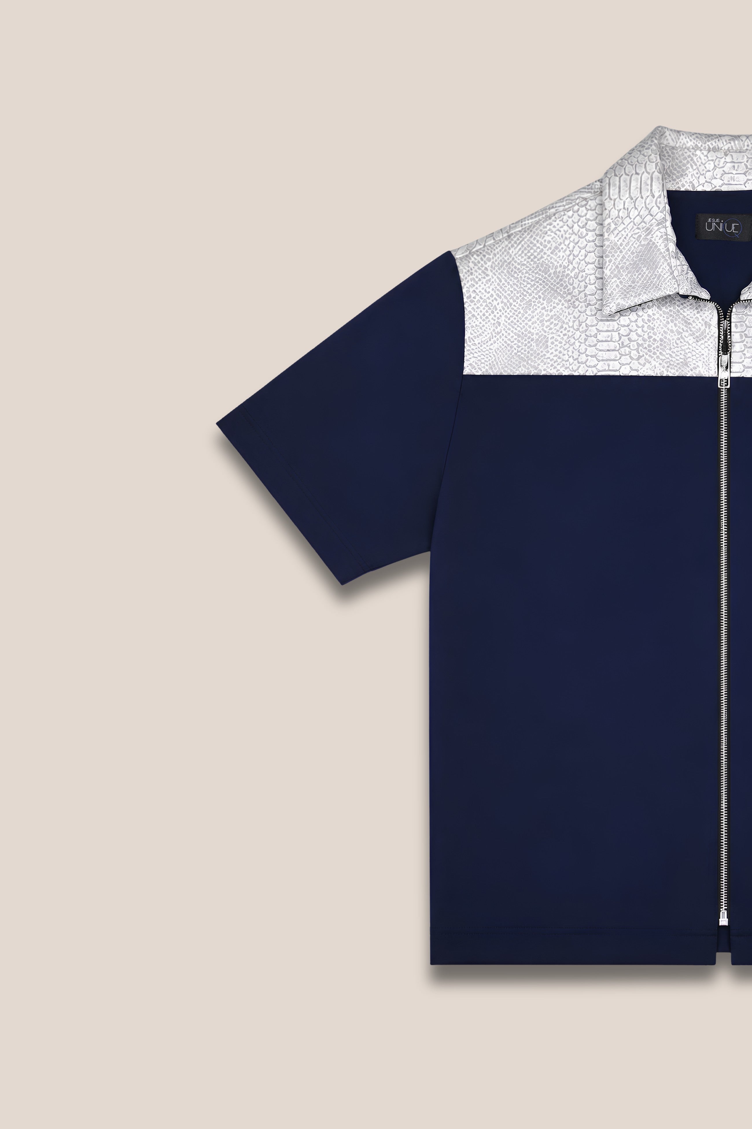 Chemise zippée manches courtes bicolore blanc python