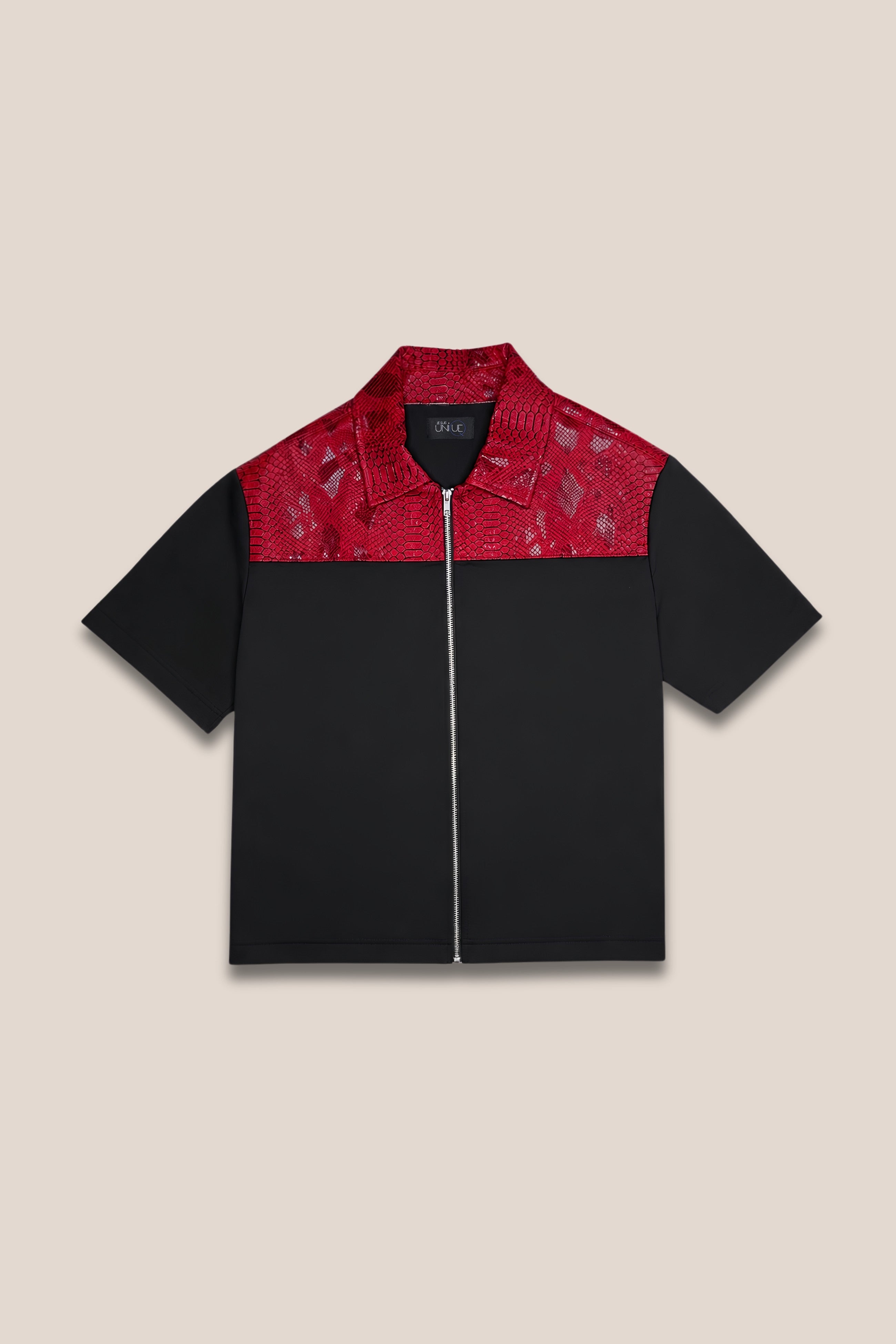 Chemise zippée manches courtes bicolore rouge python - face