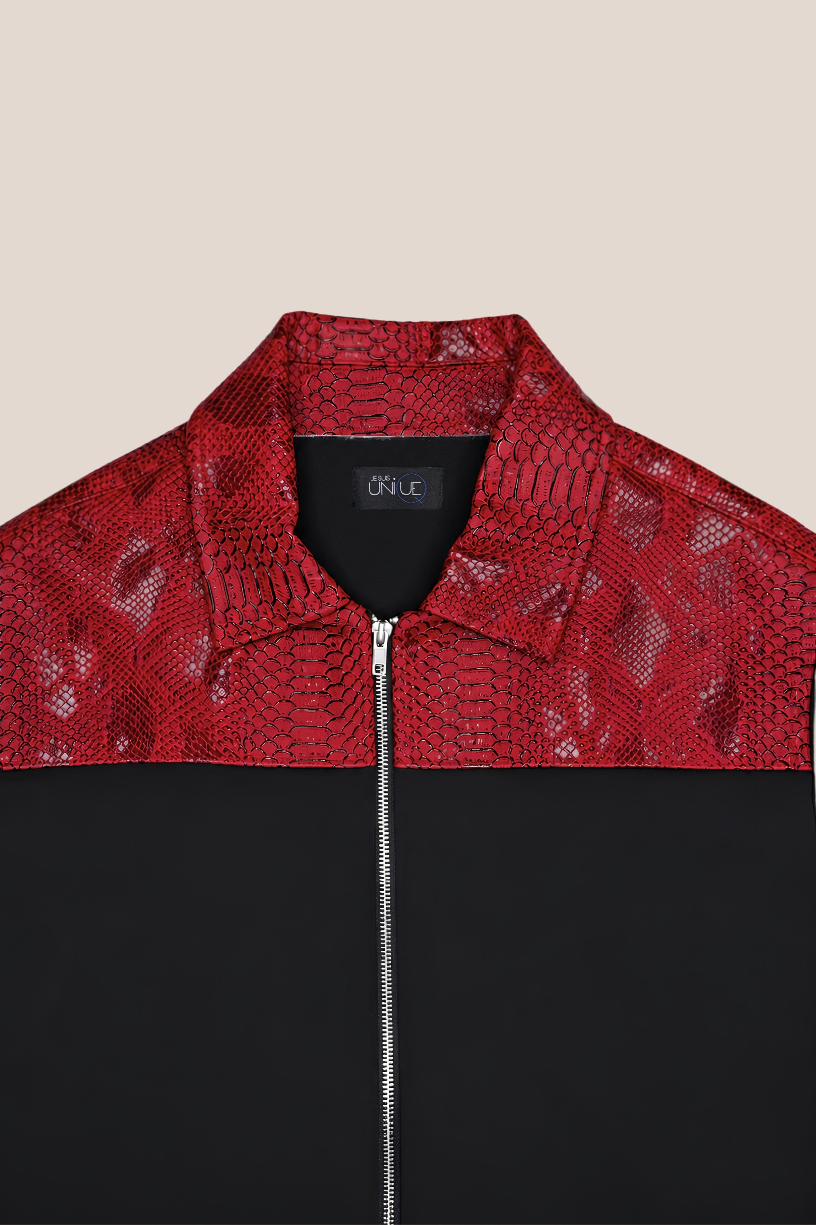 Chemise zippée manches courtes bicolore rouge python - détail col