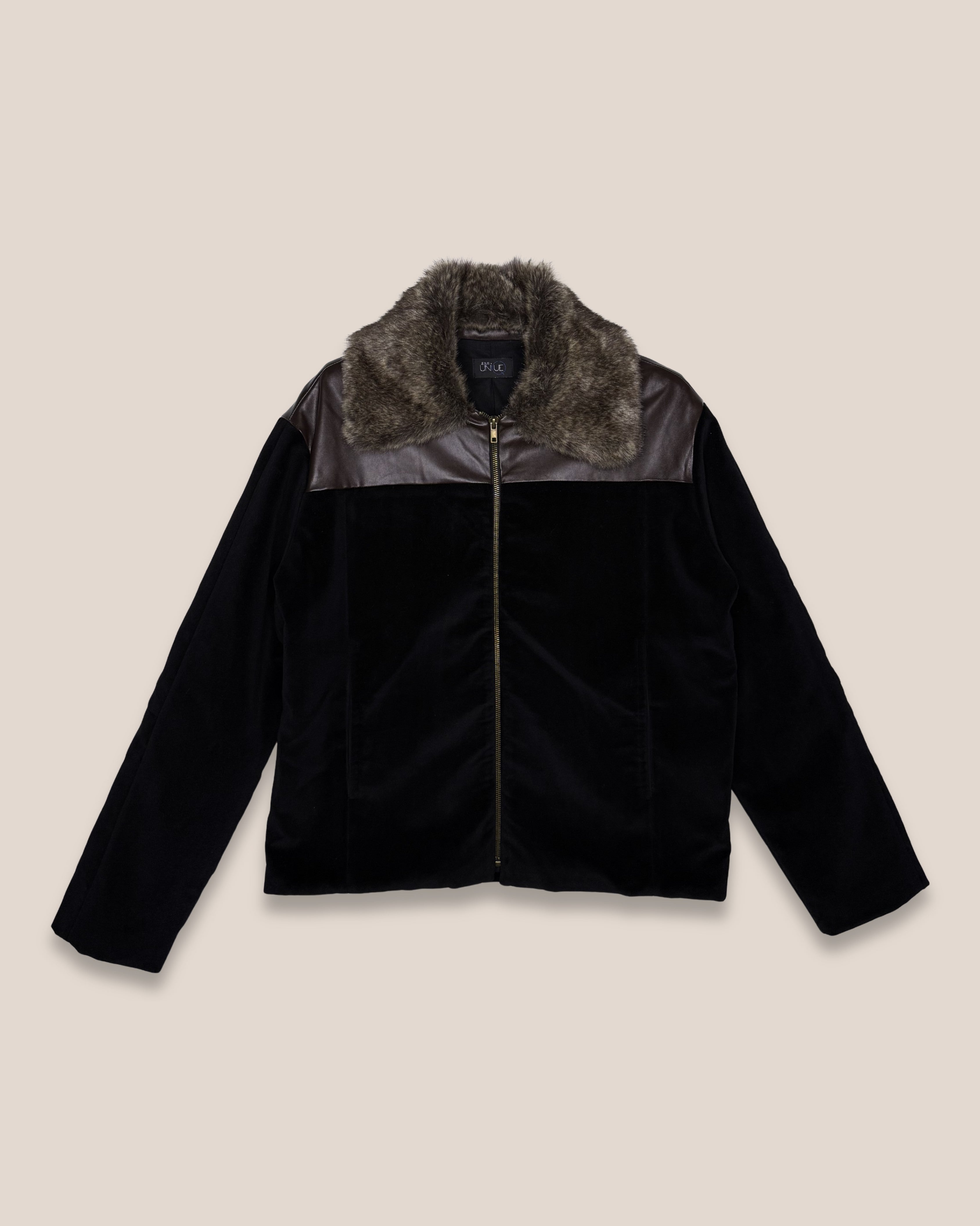 Veste velours & faux cuir col fourrure taupe