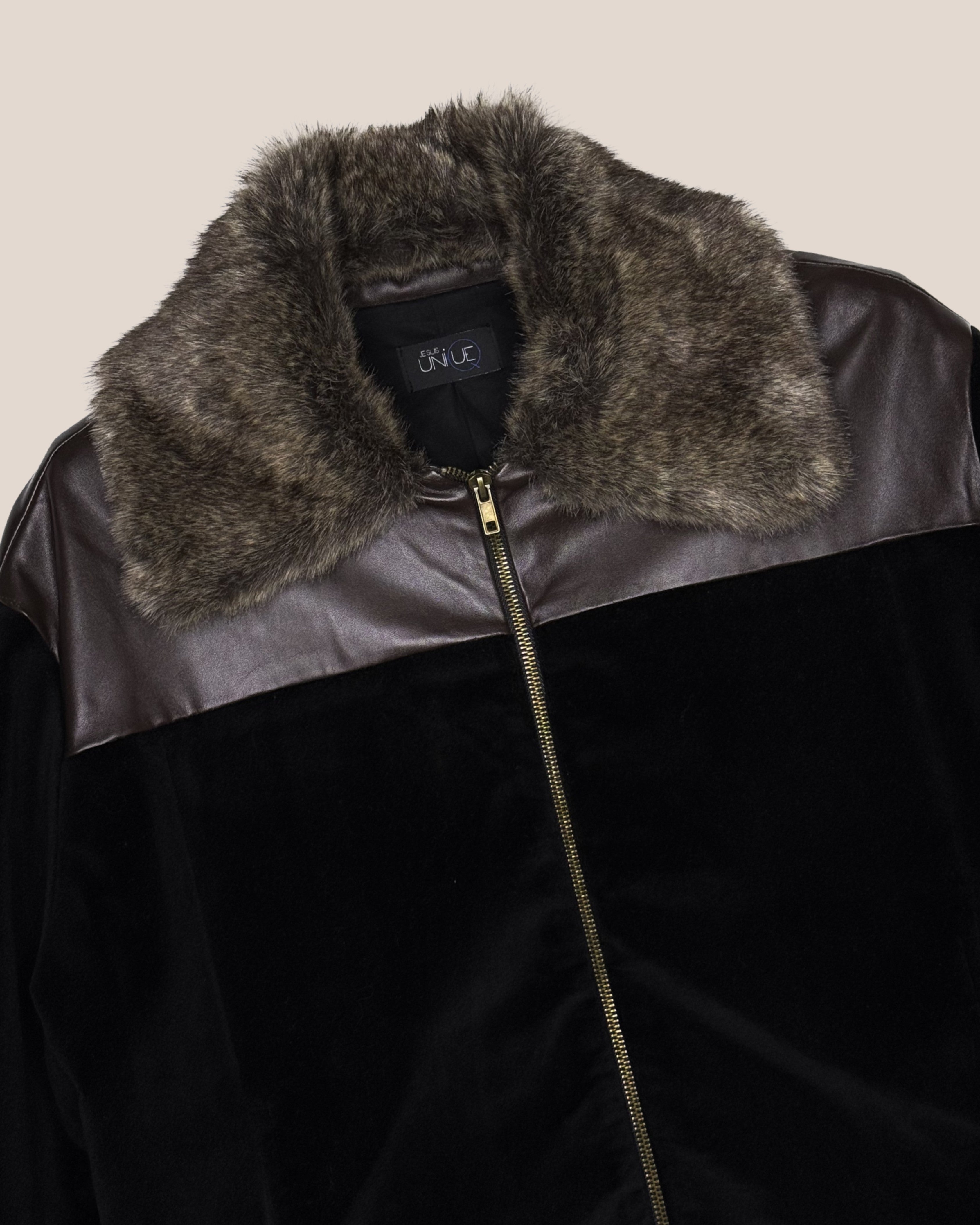 Veste velours & faux cuir col fourrure taupe