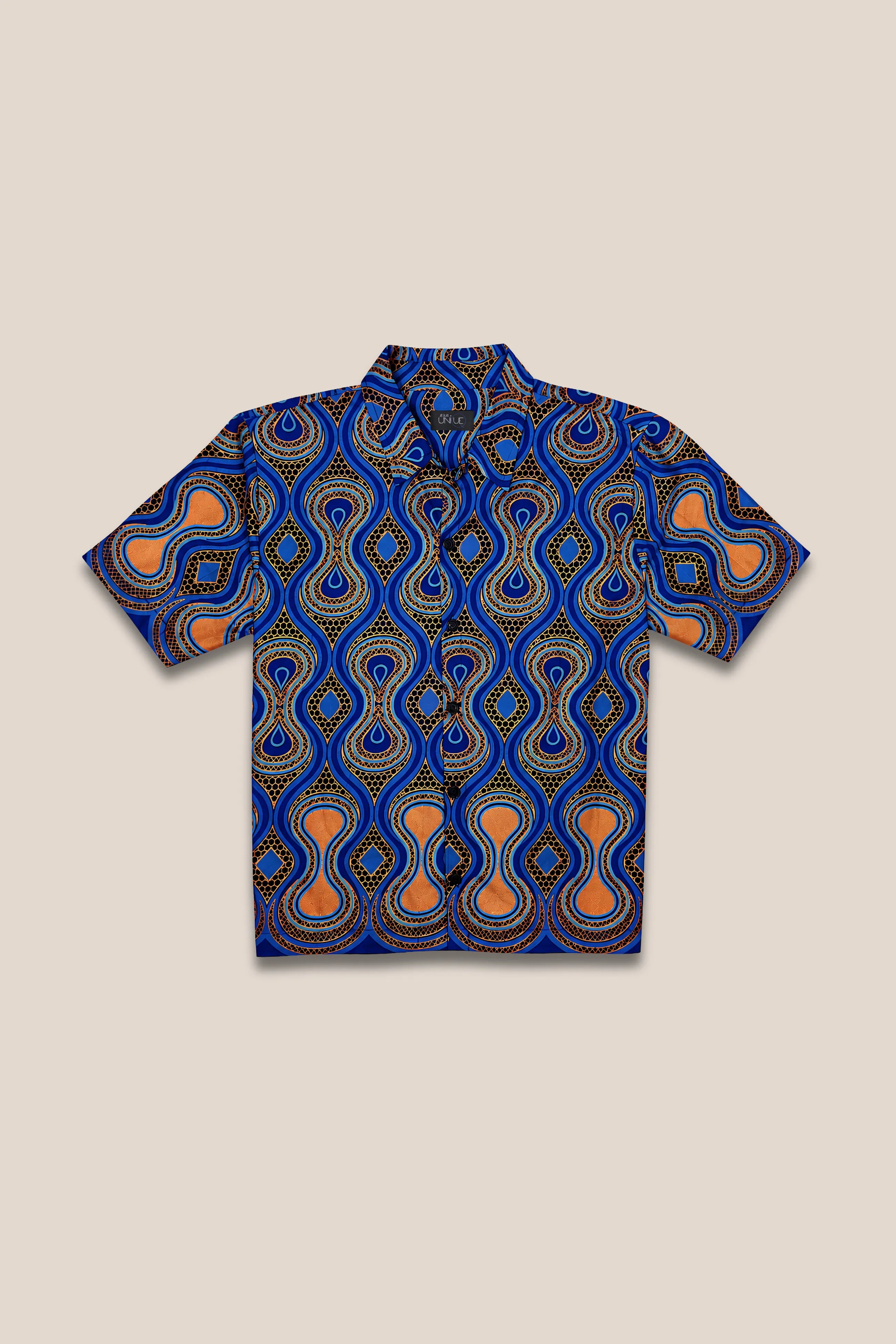 Chemise droite boutonnée ,imprimé bleu motif orange paillette 