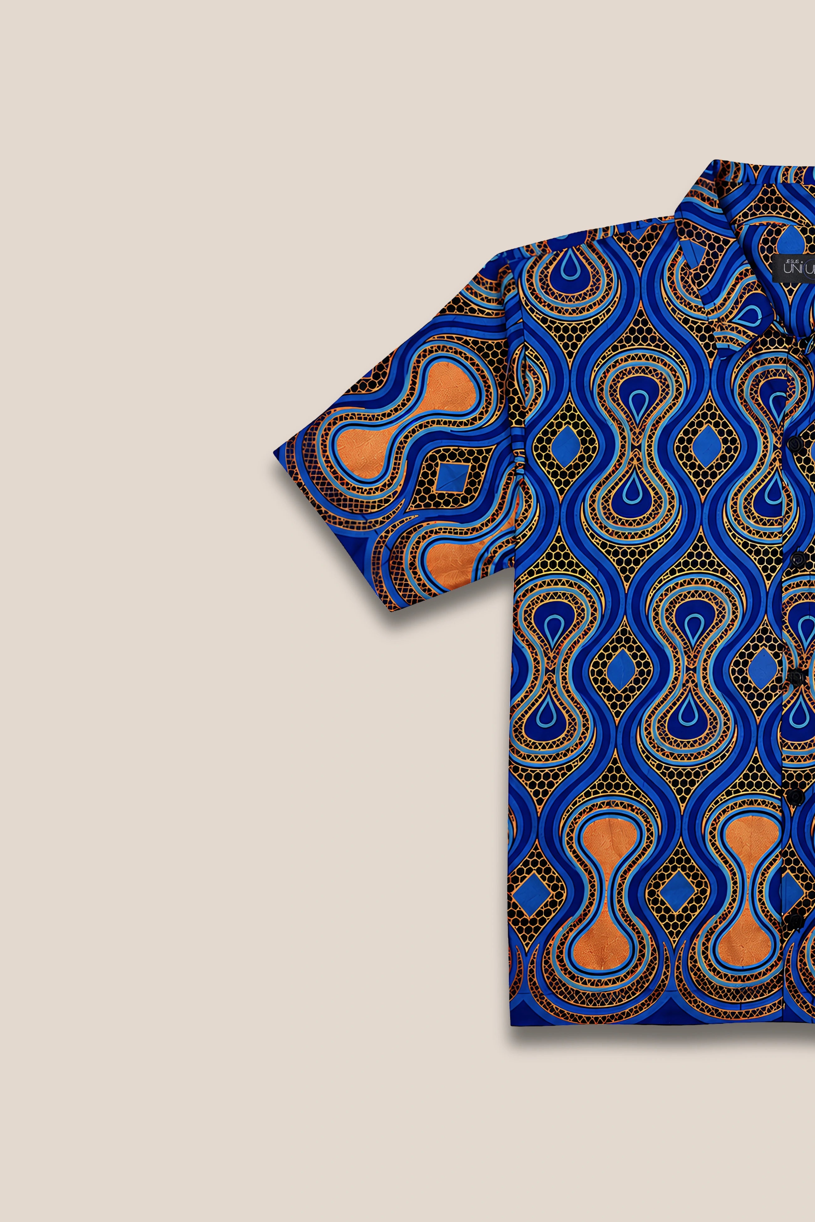 Chemise droite boutonnée, imprimé bleu motif orange paillette 