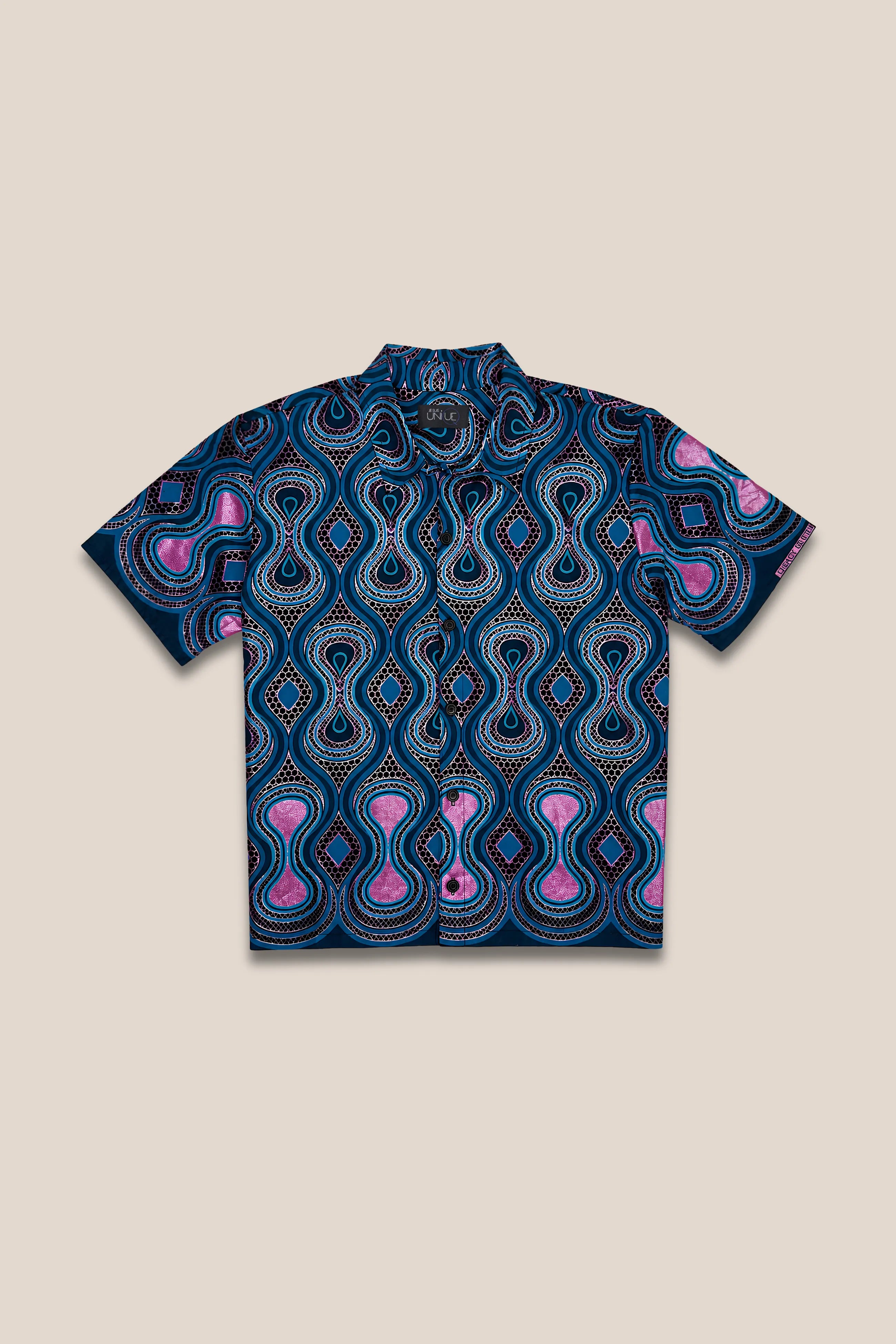 Chemise droite boutonnée, imprimé bleu motif rose paillette