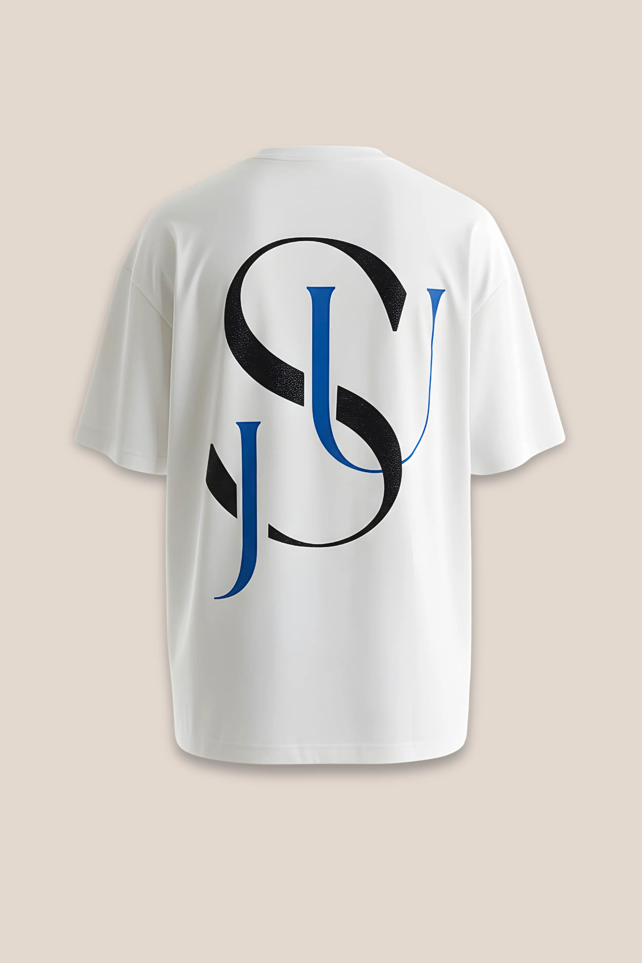T-shirt Iconic JSU Blanc Oversized — Logo Noir Paillette & Bleu Vif
