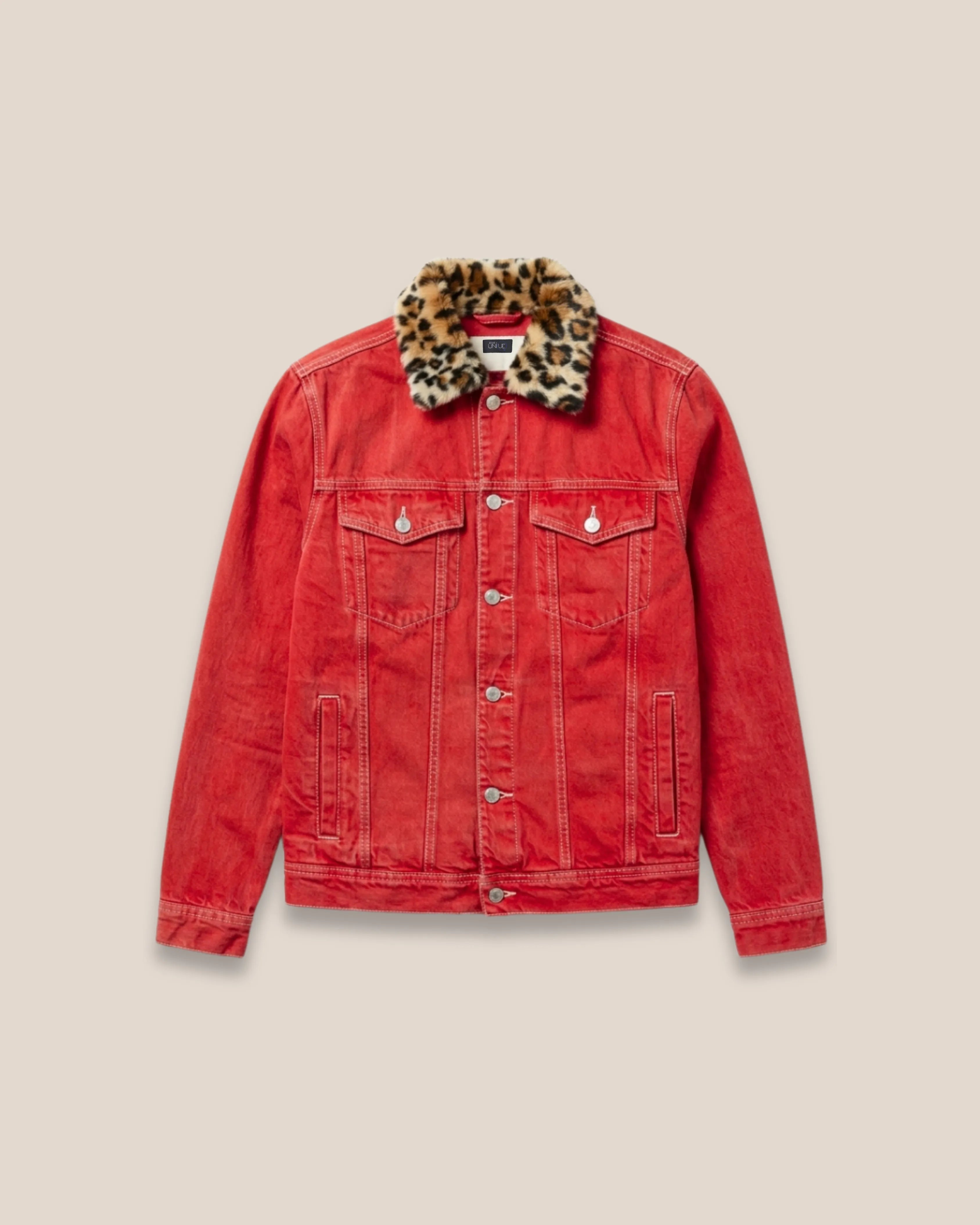 Veste en denim rouge col léopard "Red Leopard Trucker"