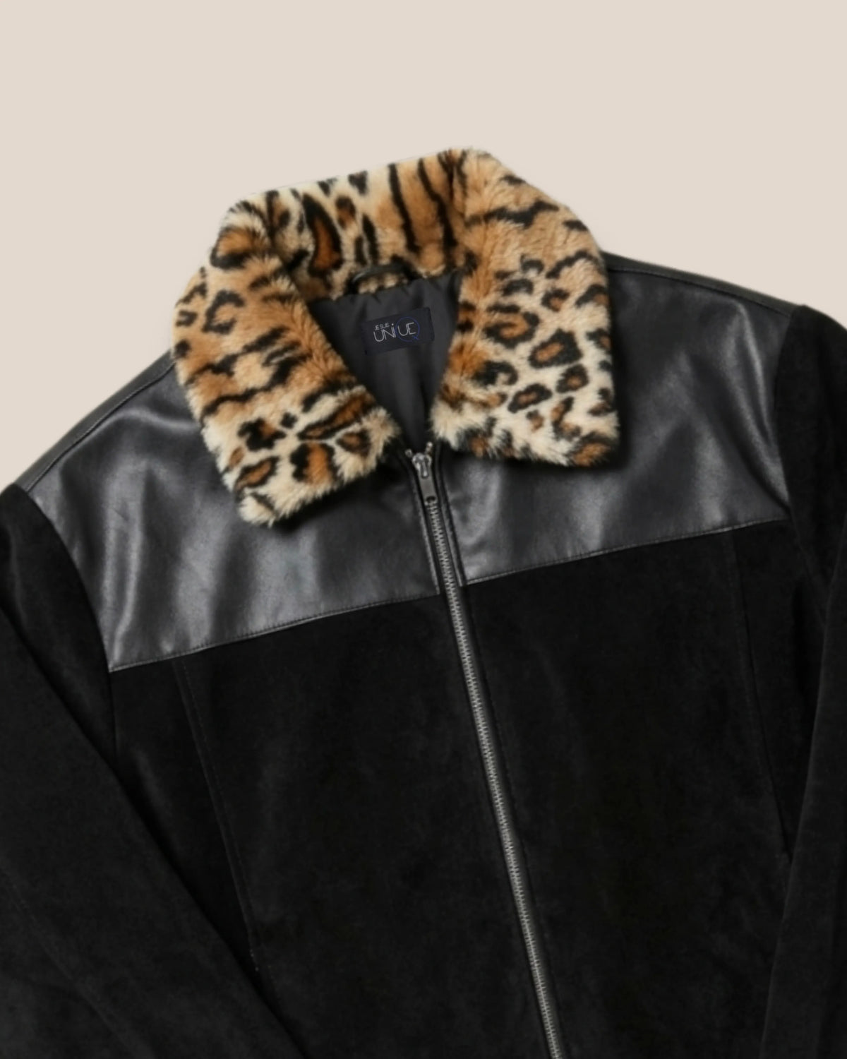 Veste velours lourd & faux cuir col léopard "Black Predator Jacket"
